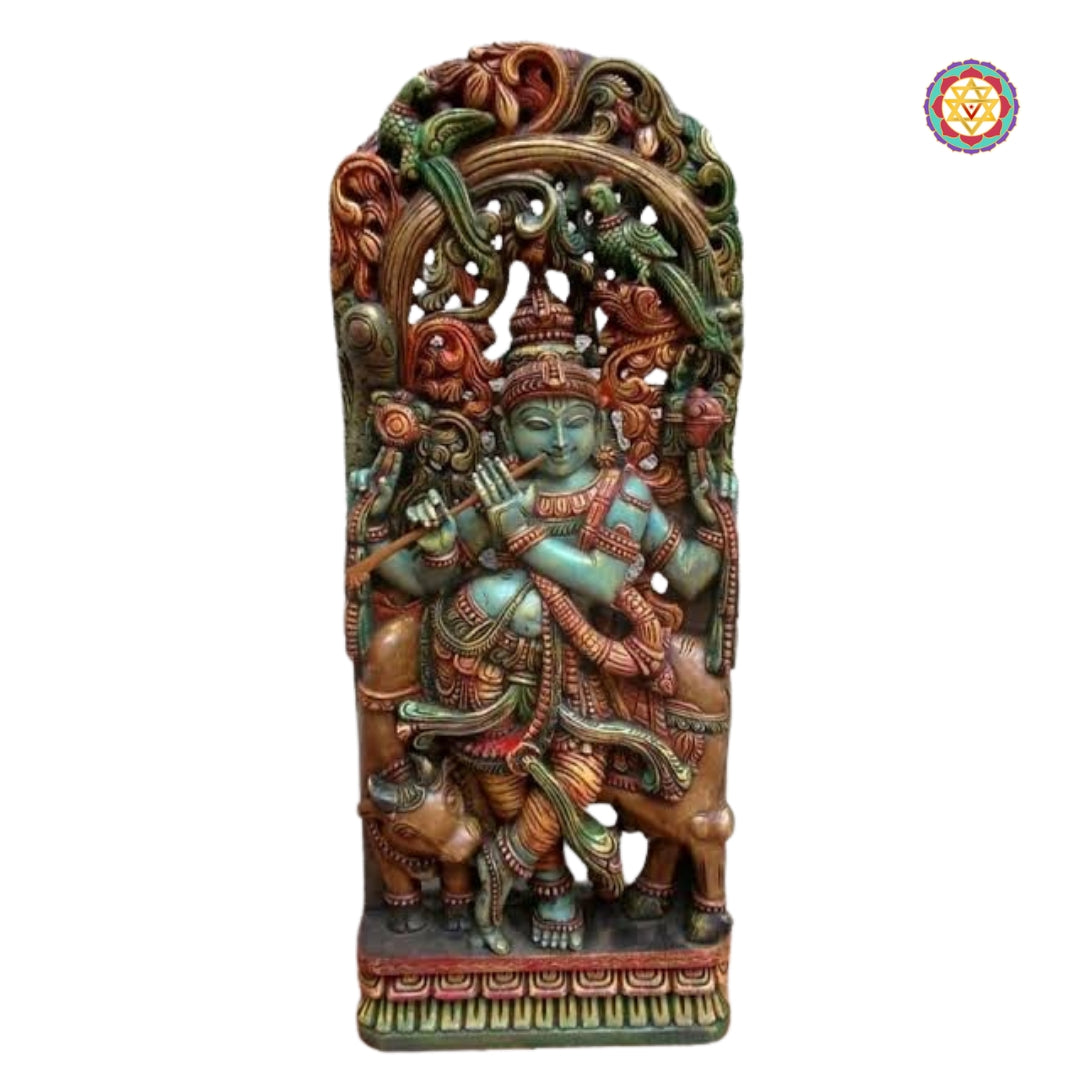 Wooden Hand Carved Lord Krishna Standing Under Canopy with Cow Statue
