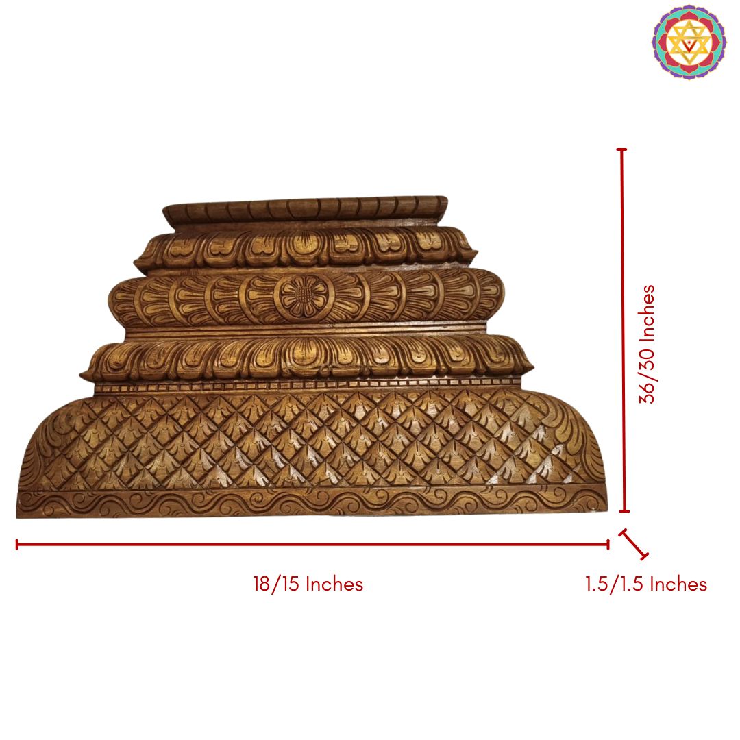 Decorative wooden finial with measurements on a white background. Dimension view of tiered temple gopuram wooden wall hanging