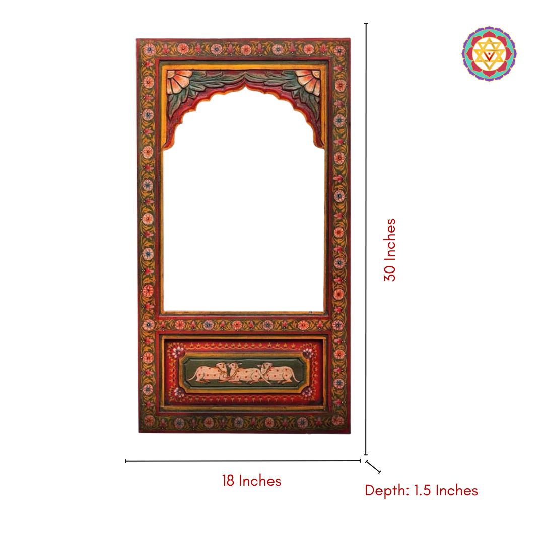 “Detailed image of the wooden jharokha mehrab frame, highlighting the vibrant hand painted craftsmanship.”