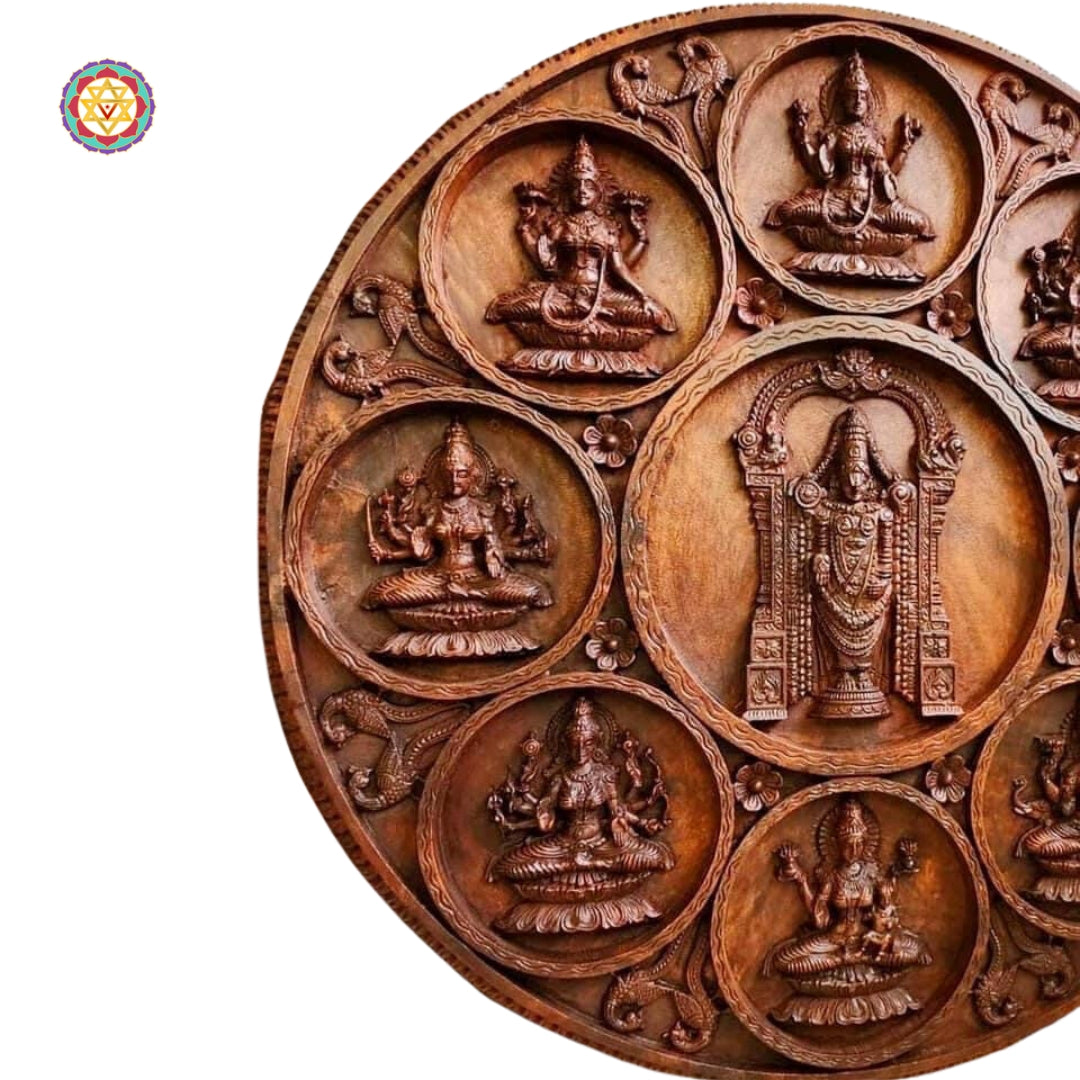 Detailed carving of Eight Lakshmis on teak panel