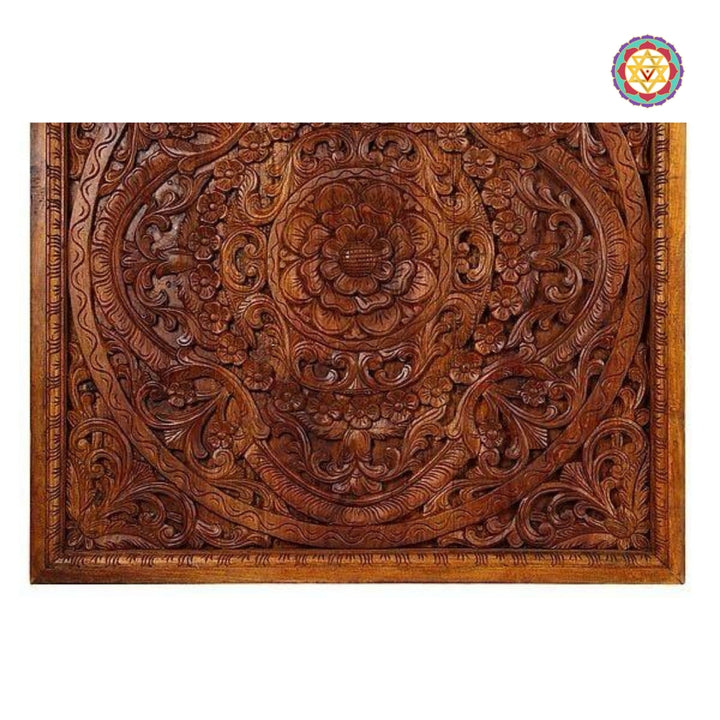 view of square lotus flower wood carving wall decor