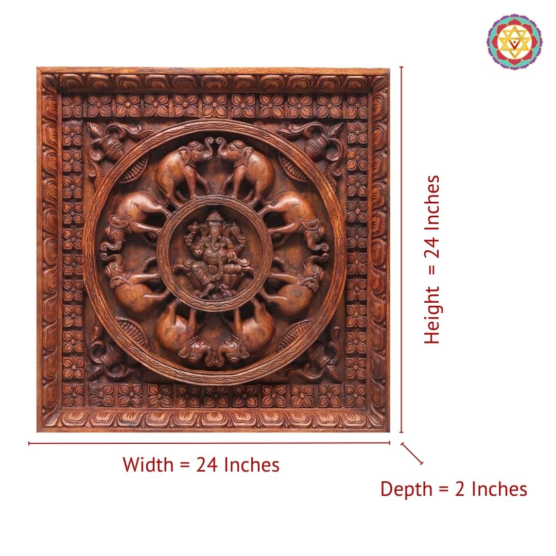 24” Woodcarved Circle of Elephants with Ganesha – Wall Frame / Hanging Decor
