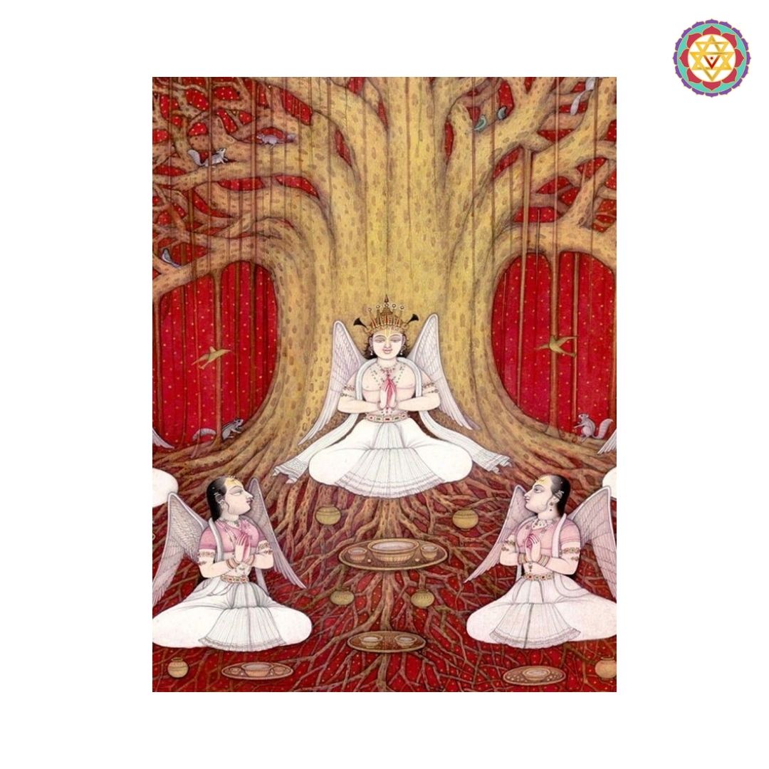 Close view of handpainted pichwai tree of life with celestial figures