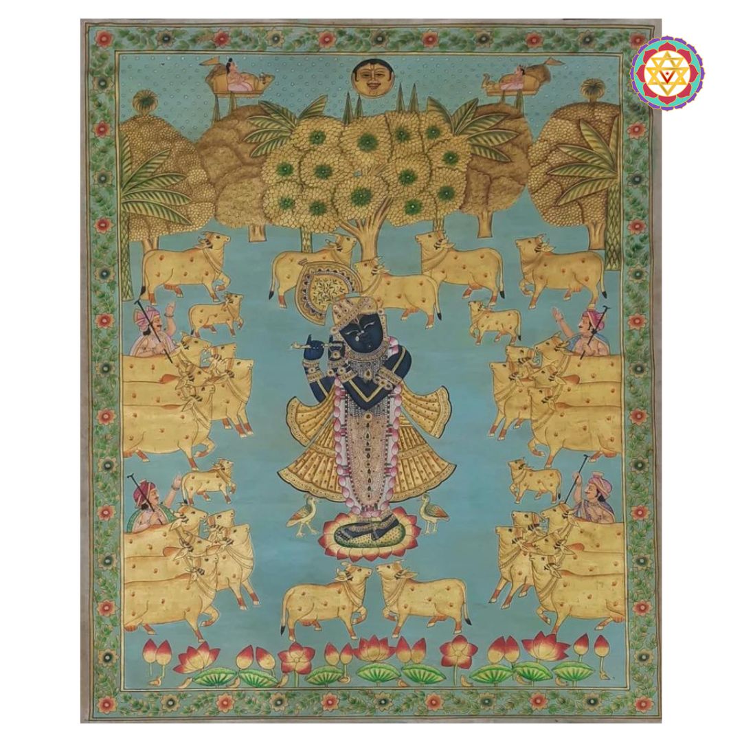 Antique style hand-painted pichwai showing Krishna with cows and devotees for Gopasthami festival.