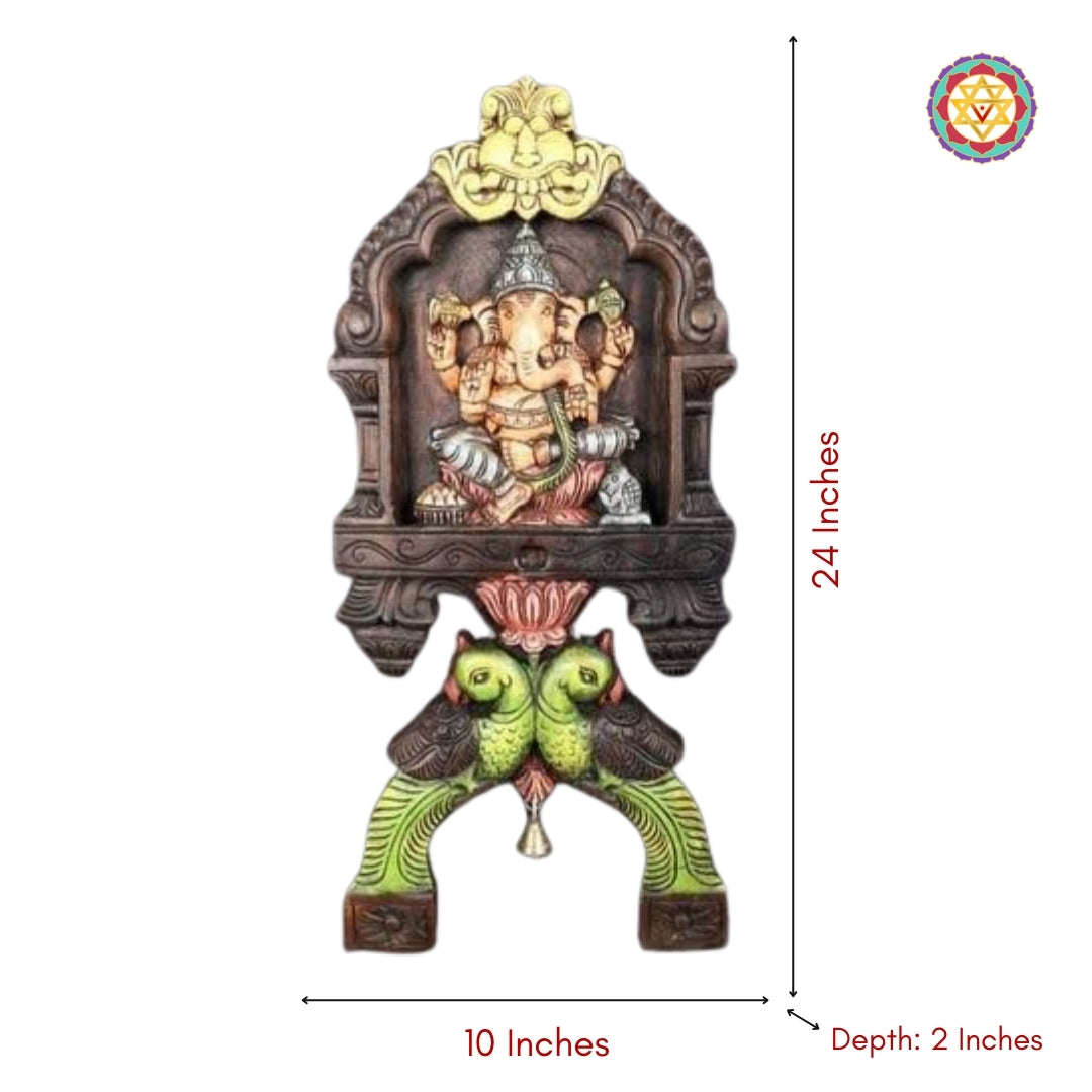 Woodcarved Ganesha & Laxmi kavadi style wall mounts with parrot carvings .