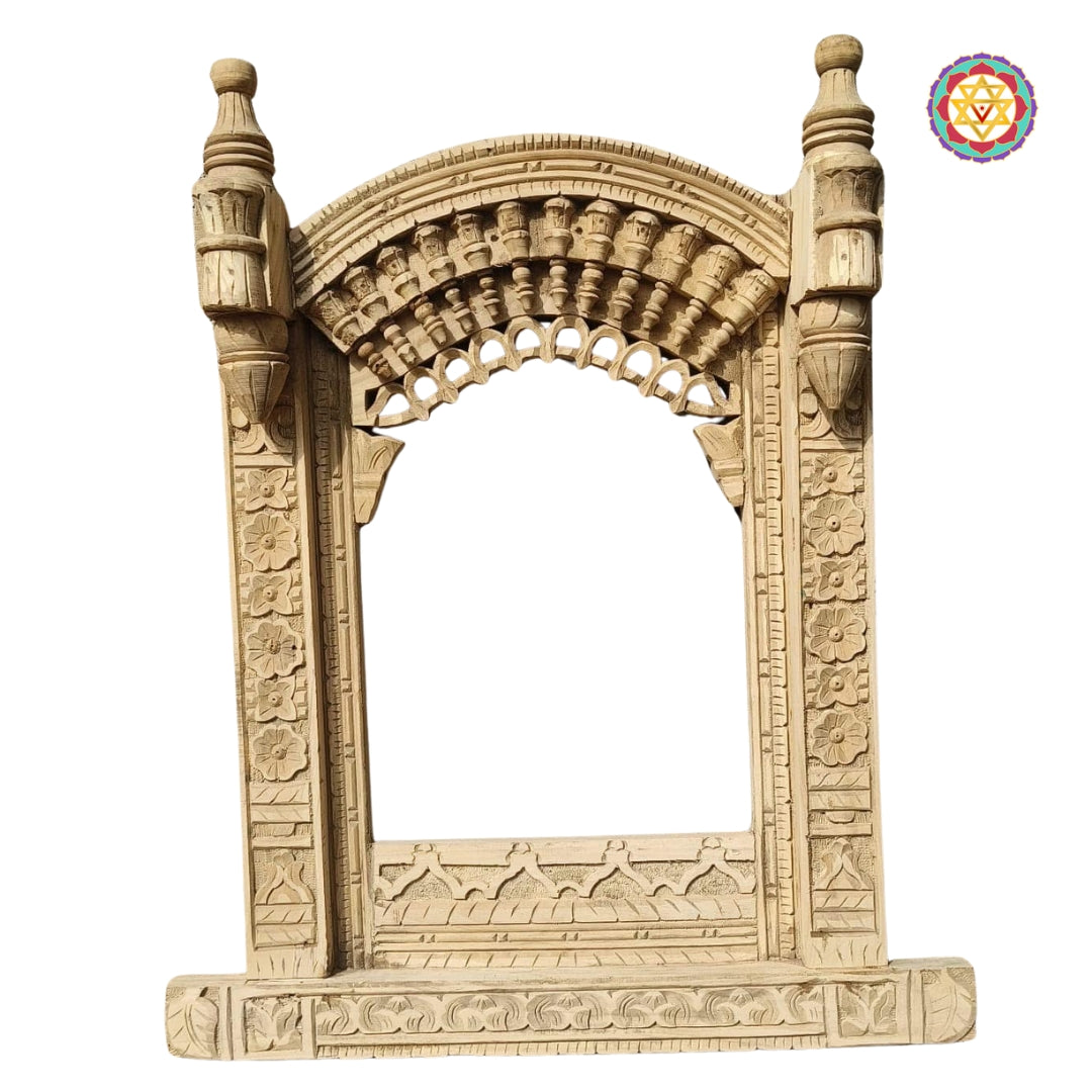 “Side view of the wooden jharokha mirror frame showing carved arches and traditional details”