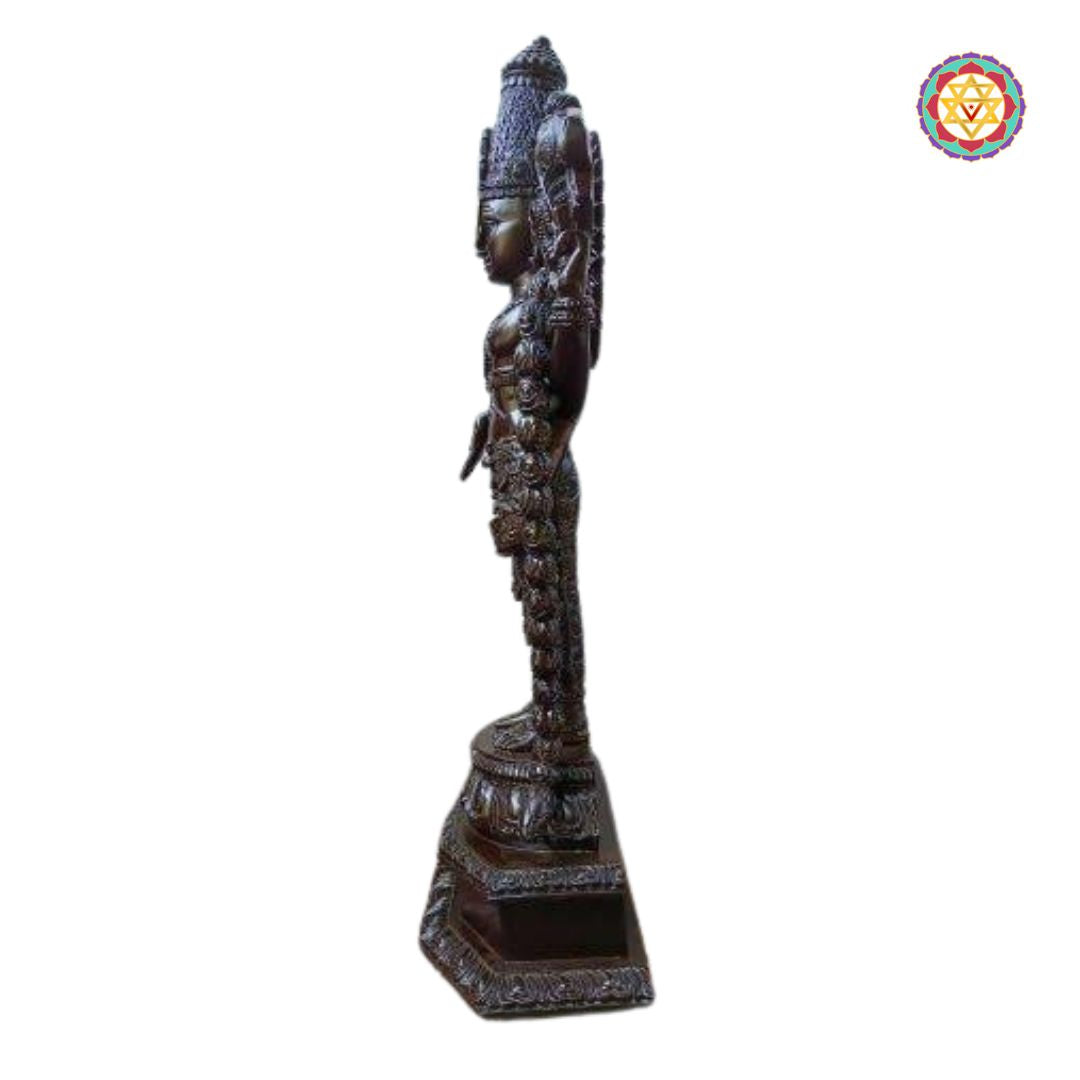 Temple-style pedestal and ornate carvings of Balaji wooden sculpture