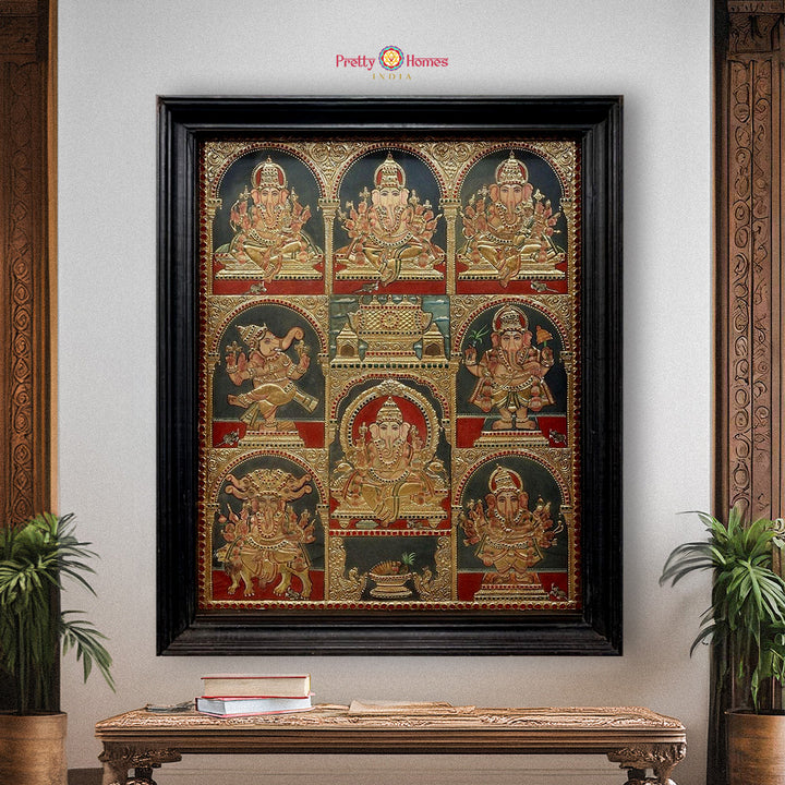 Vintage Handmade Tanjore Painting of Ashta Ganesh – Real Gold Work Devotional Art for Heritage Interiors