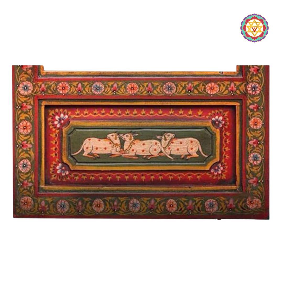“Close-up of the beautiful jharokha mirror frame with miniature painting, adding a vintage touch to wall decor.”

