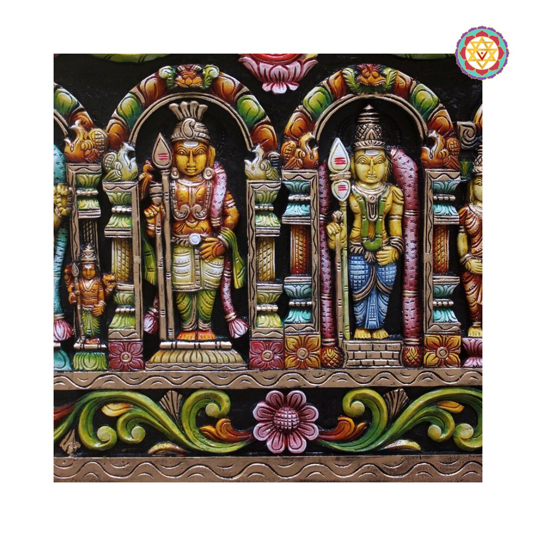 Horizontal Woodcarved 6 temple view Kartike Intricately carved panel/wall hanging