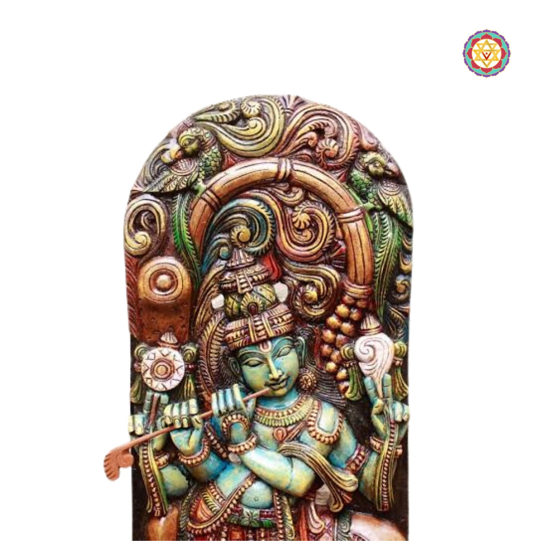 Vibrant hand-painted Krishna with cow under canopy wood sculpture