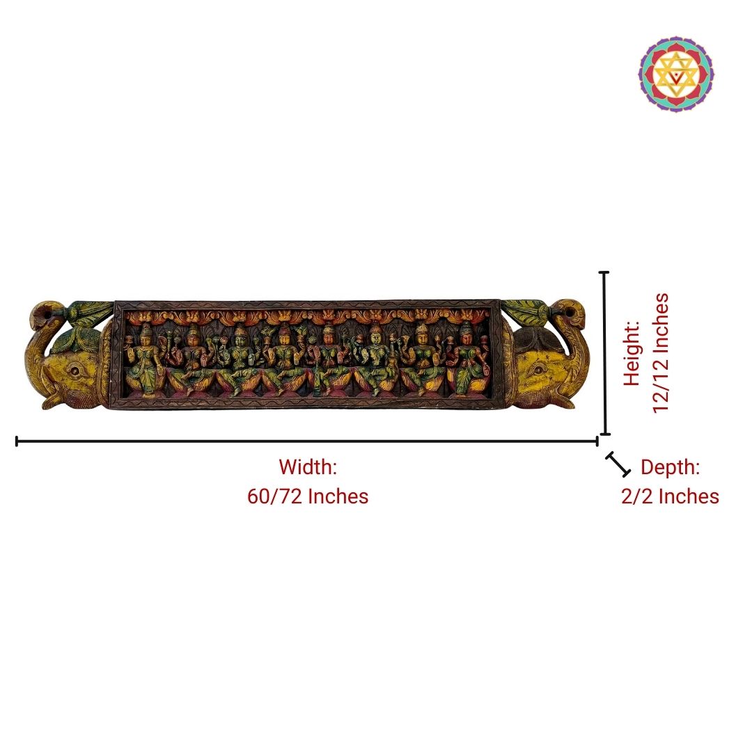 Intricately Carved Horizontal Ashtalakshmi Panel with Trunk-Up Elephants on Sides – Wall Mountable Divine Art