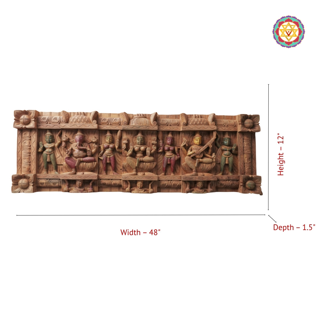 Handcrafted wooden pooja room decor panel with divine trio and fine detailing