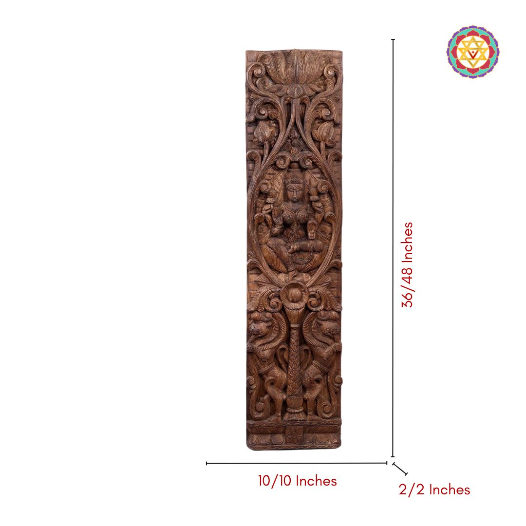 Wooden decorative panel with intricate carvings and measurements on a white background - Lotus motifs around Goddess Lakshmi in carved wooden panel
