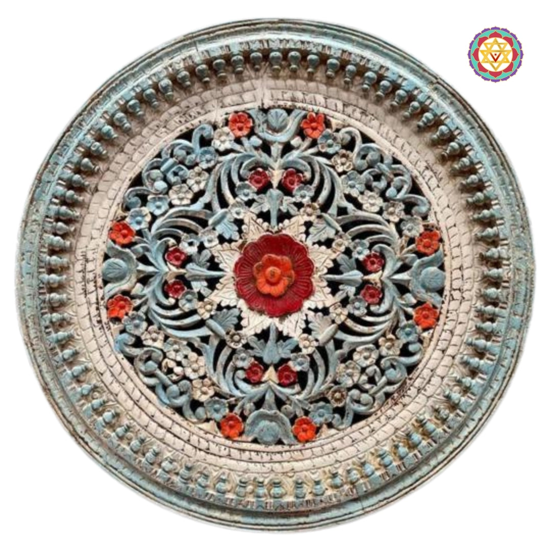 Front view of blue-white-red multicolour round carved wall panel