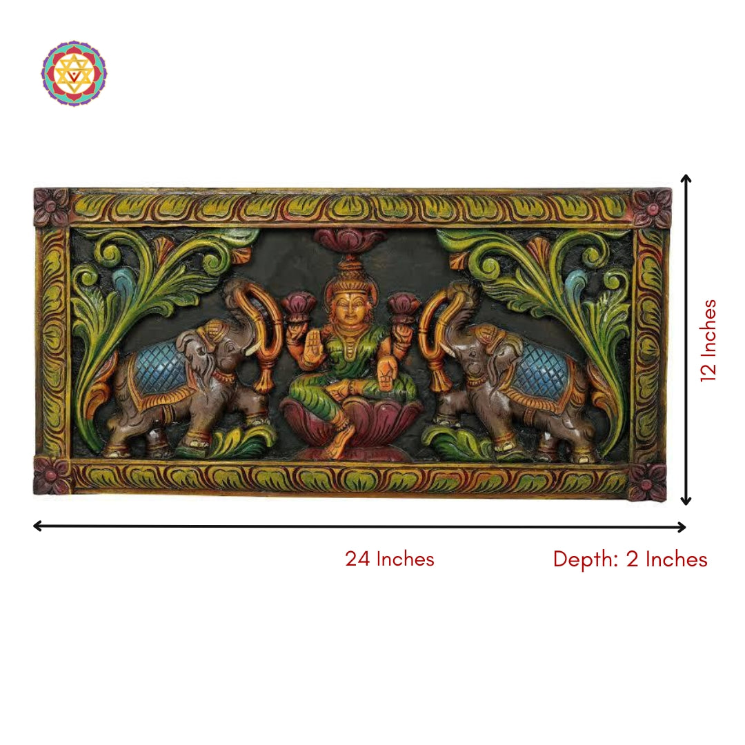 Size and dimension display for wooden GajaLakshmi panel wall hanging