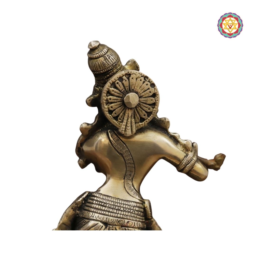 Brass Krishna Idol, Playing Flute Beside Cow, Golden Work, 11”