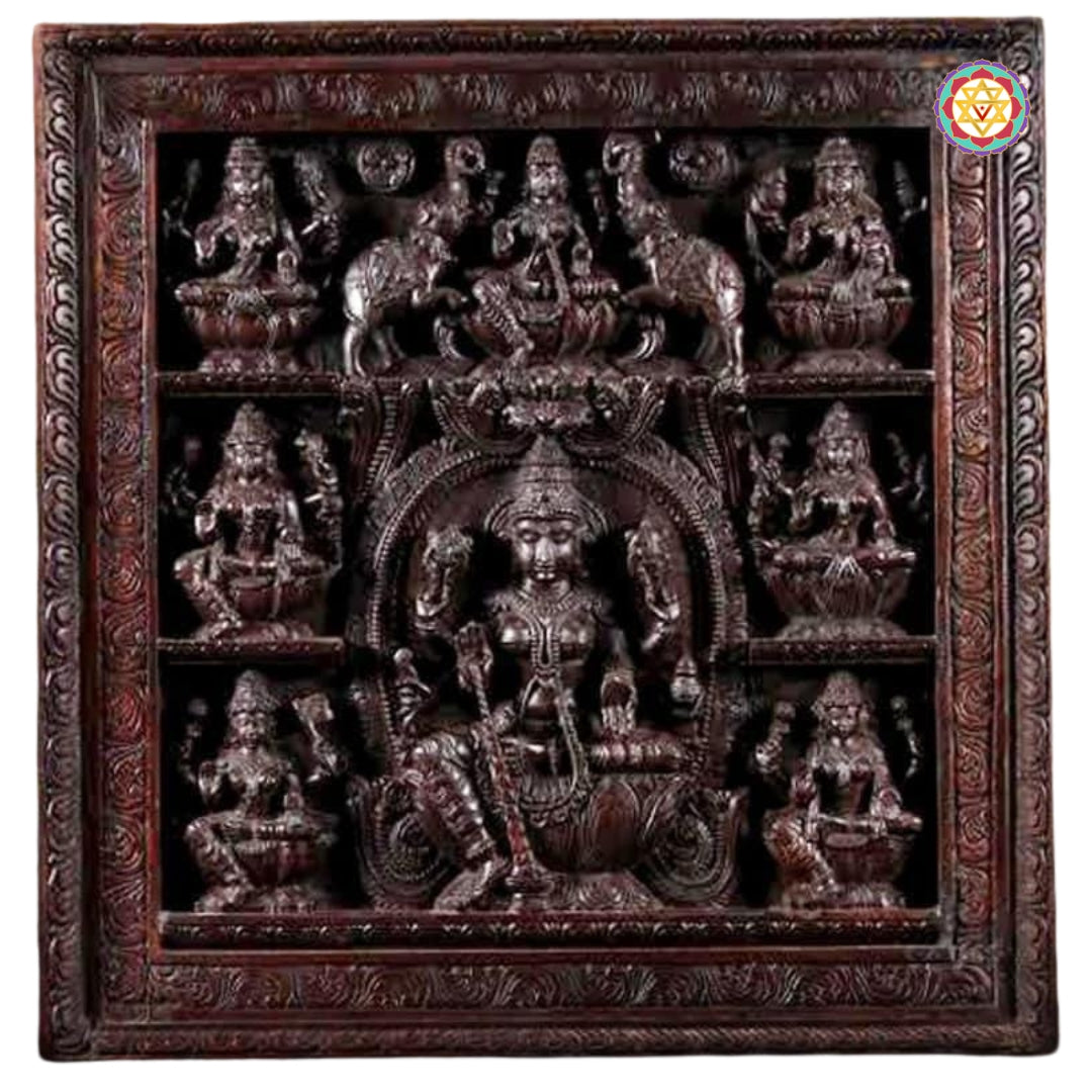 Square Astalaxmi Wall Panel /Wall Mount hanging .Handcarved on Wood.