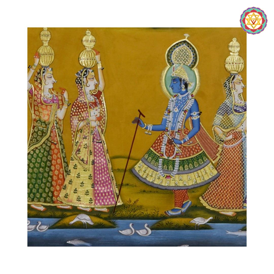 close-up showing krishna gopikas expressions and floral borders