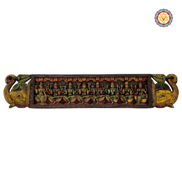 Intricately Carved Horizontal Ashtalakshmi Panel with Trunk-Up Elephants on Sides – Wall Mountable Divine Art