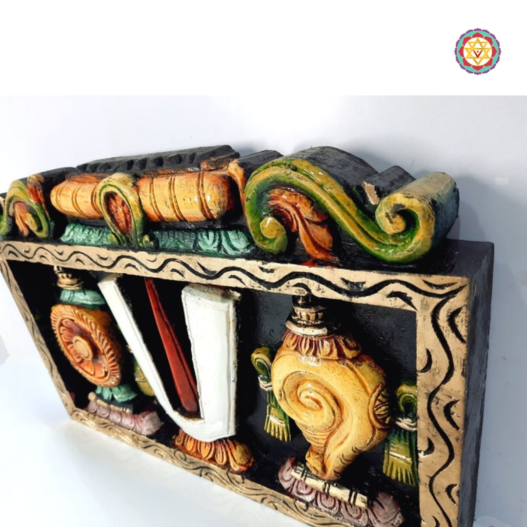 Angled view showing side carvings of multicolour Balaji wall panel