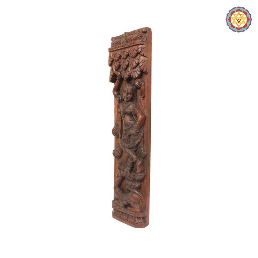wooden apsara panel side angle showing intricate foliage and carving details