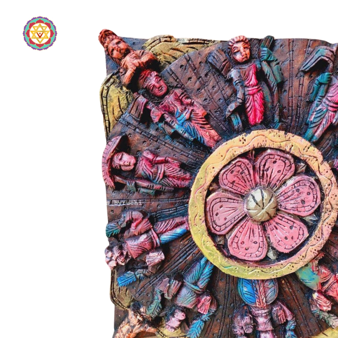 Close-up of Lord Vishnu avatars carved in Vagai wood
