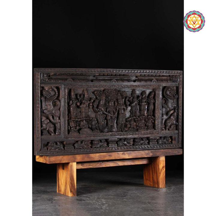 Hand-carved Hindu marriage panel in wood polish