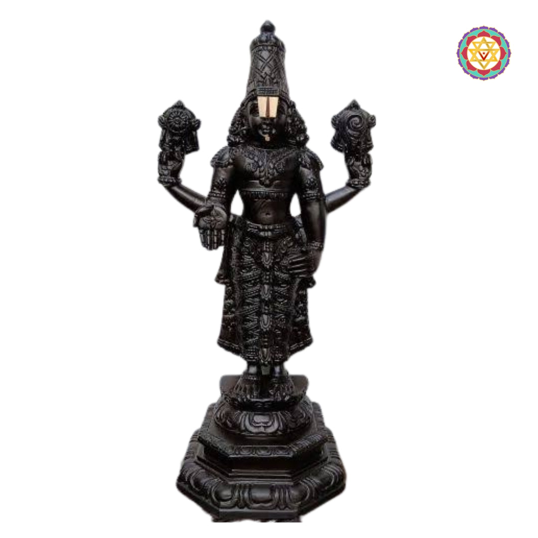 teakwood balaji statue displayed on a mandir shelf with traditional posture