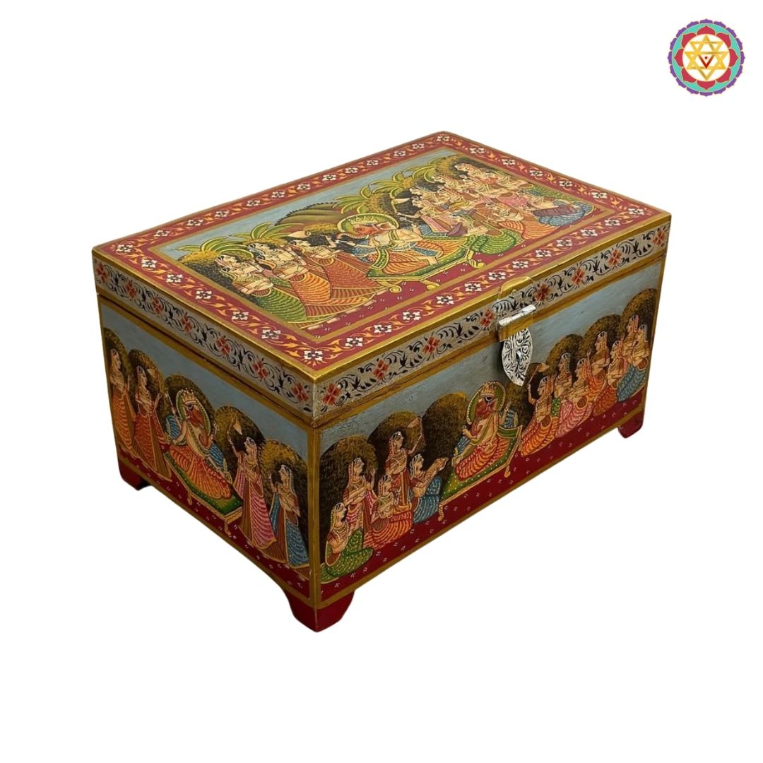 Open lid view of handpainted Pichwai wooden storage box showing interior