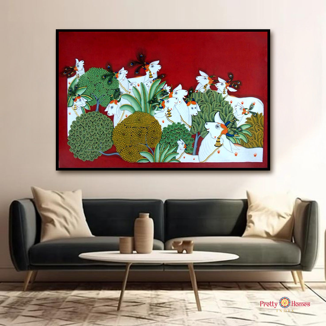 Vrindavan vibes handpainted Pichwai cows in nature full artwork