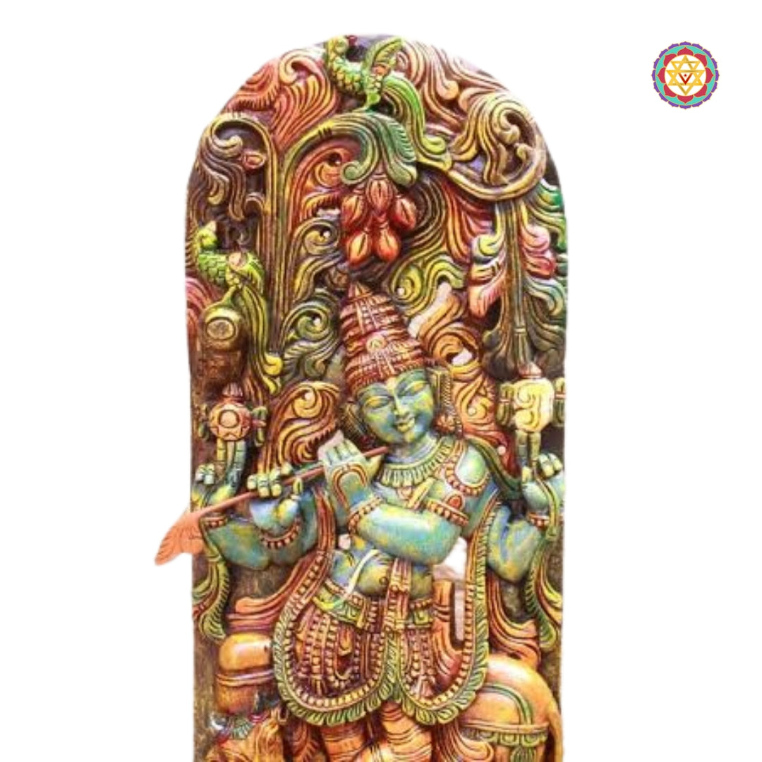 Wooden Hand Carved Lord Krishna Standing Under Canopy with Cow Statue