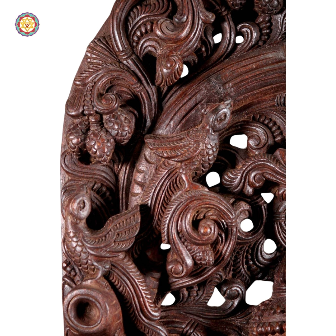 Full view of handcarved wooden Krishna statue showing canopy design and ornamental work