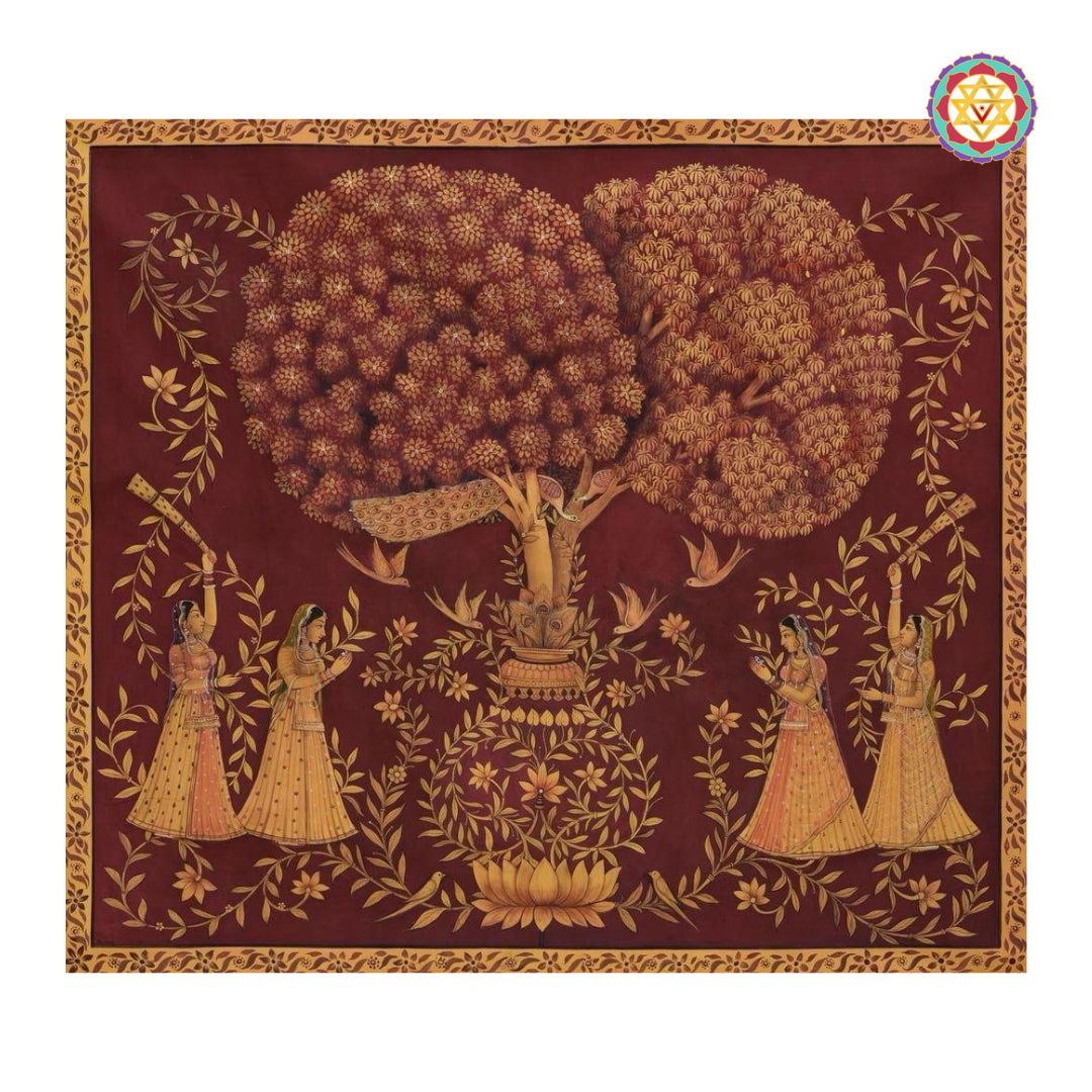 vintage-style hand-painted pichwai depicting gopikas in the forest, delicate figures and muted earthy tones