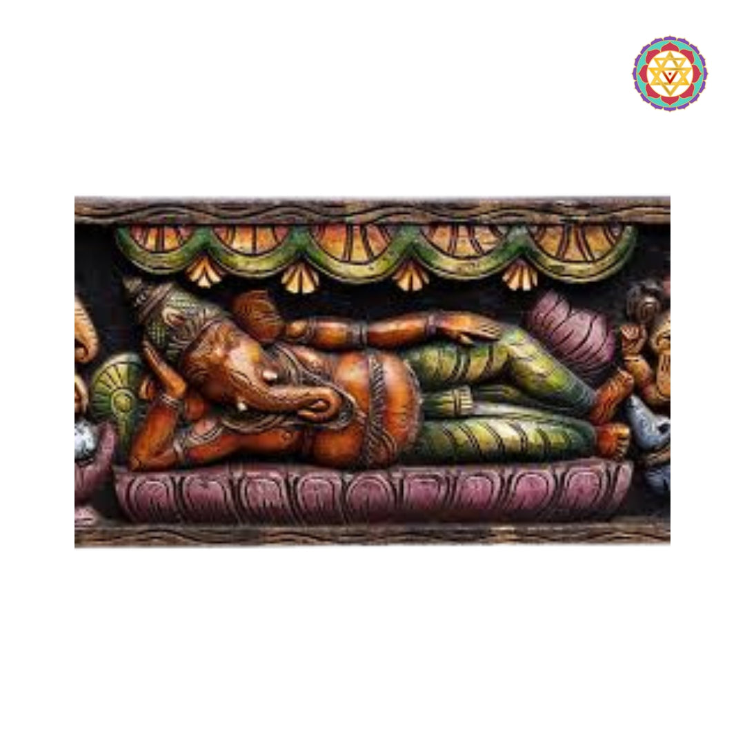 48” Handcrafted Wooden Resting Ganesha Panel with Dancing Ganesha & Other Forms