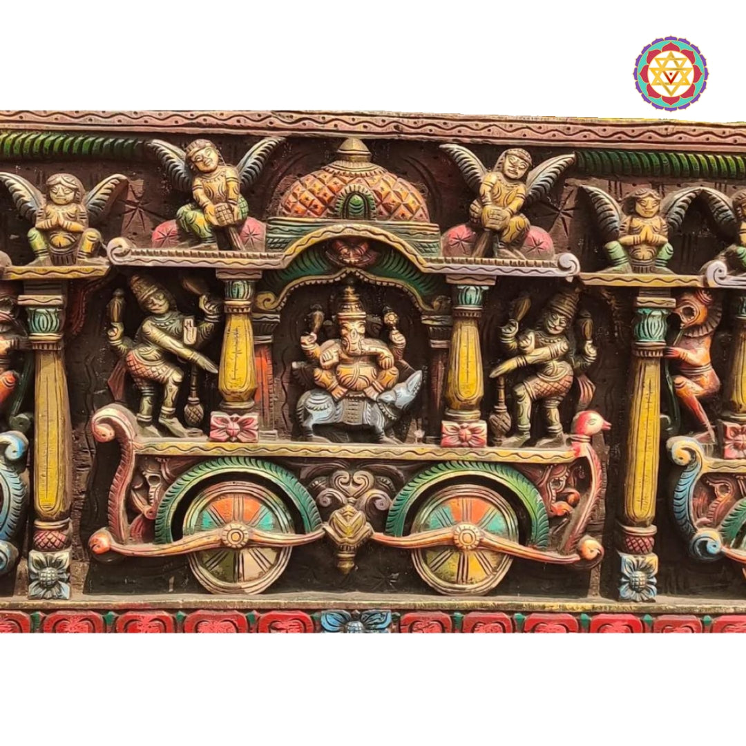 Exotic Wood Carved Ganesh,Laxmi & Saraswati on chariot -decorative wall panel