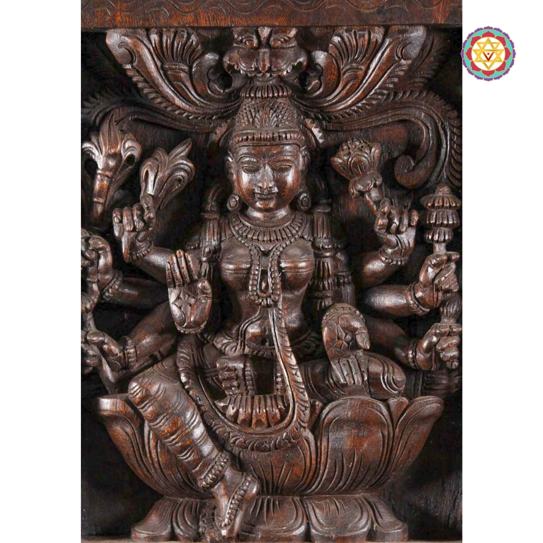 Handcrafted Gaja Lakshmi carving on multicolour wall panel (Power & Royalty)
