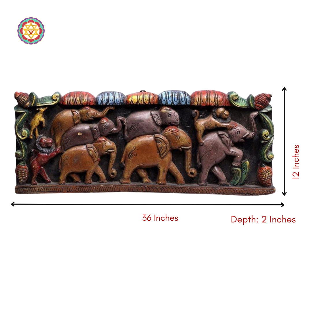 Panel dimensions shown for wood carved elephant wall decor