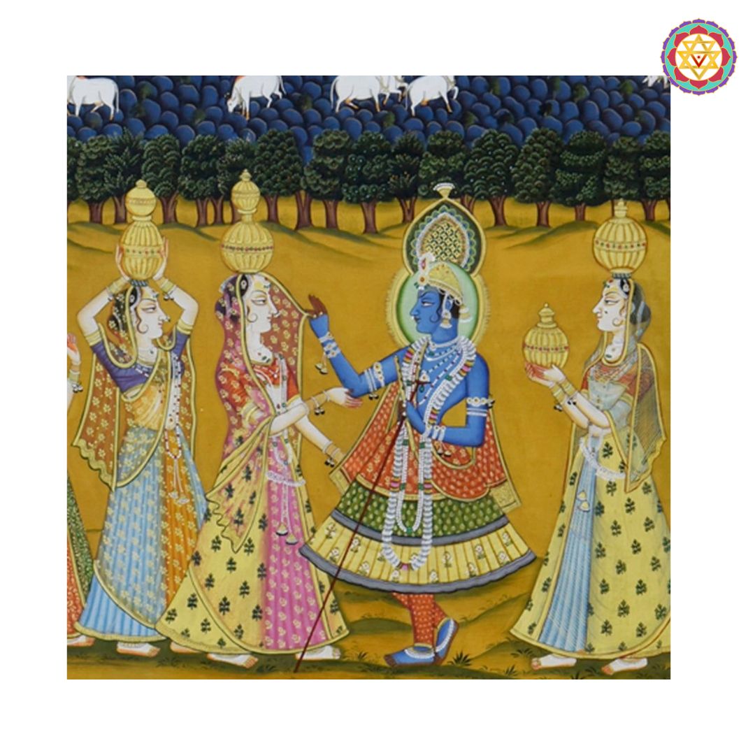 vintage pichwai full composition of krishna with gopikas in classic palette