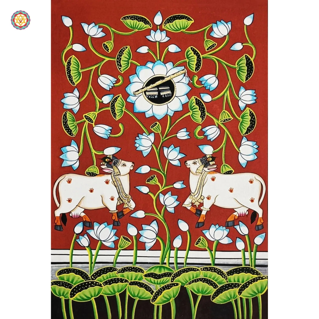 pichwai painting of cows with shrinathji charan and lotus motifs