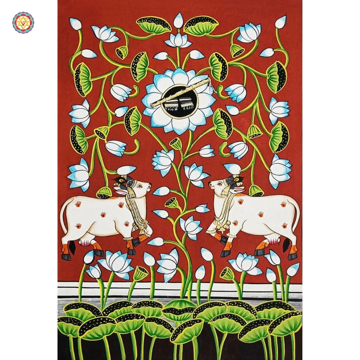 Pichwai: Cows with lotuses and shreenathji charan