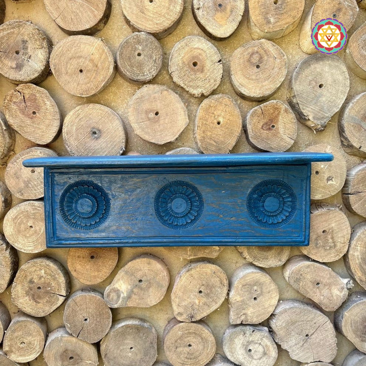 Wood Blue Carved Shelf. Wall floating shelf