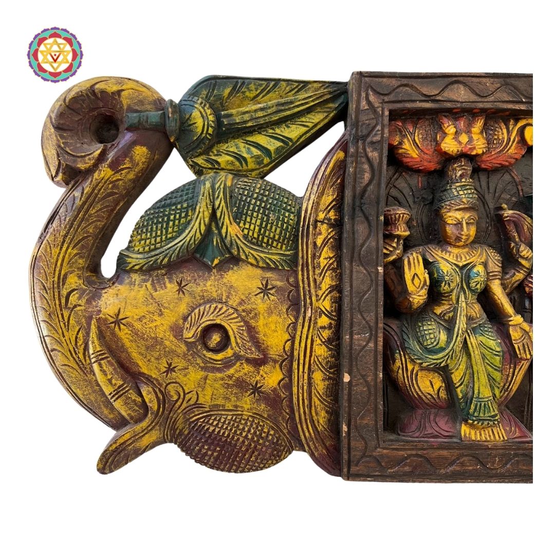 Intricately Carved Horizontal Ashtalakshmi Panel with Trunk-Up Elephants on Sides – Wall Mountable Divine Art