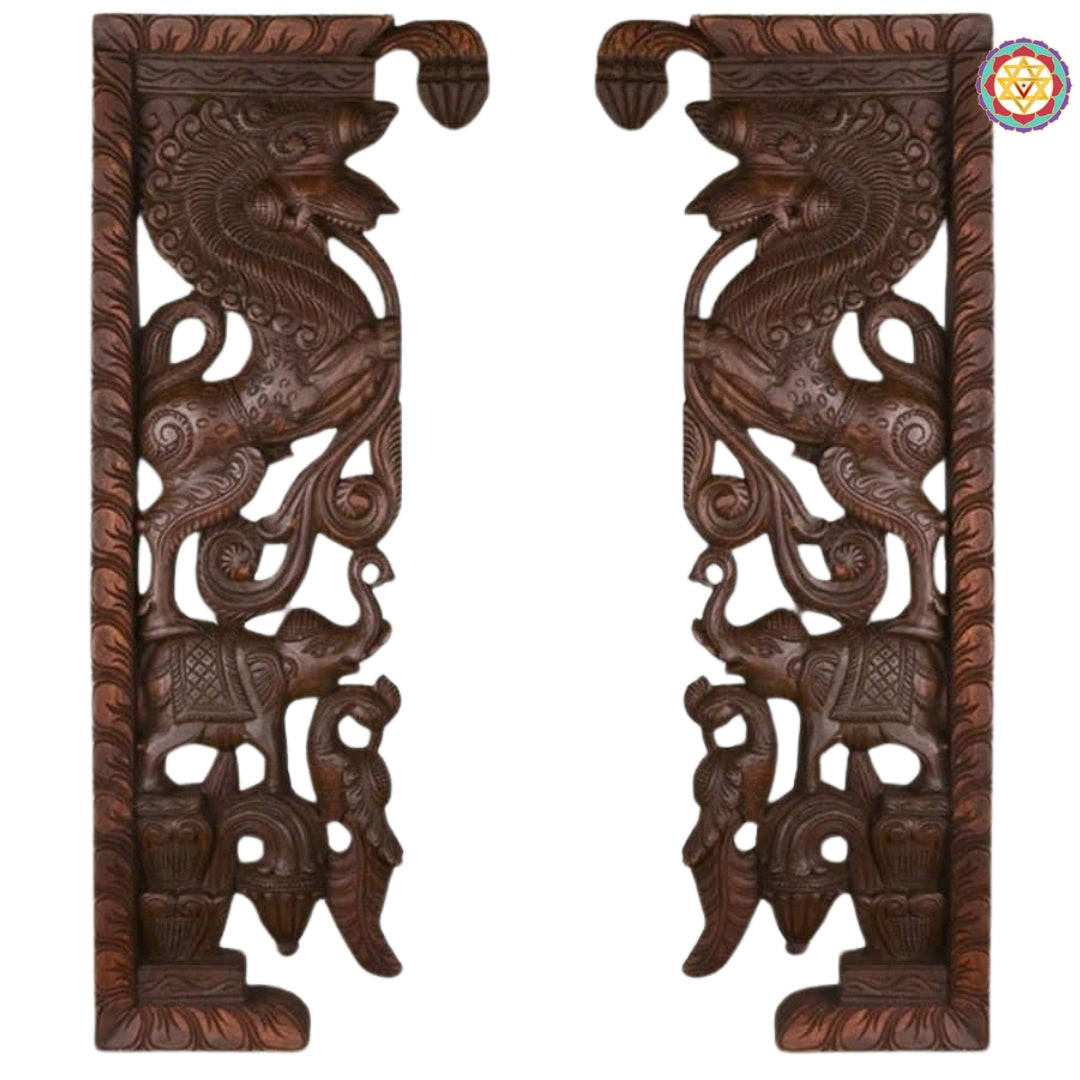 Entrance Decor Decorative Yaazhi With Elephants Wooden Wall Brackets (Single)