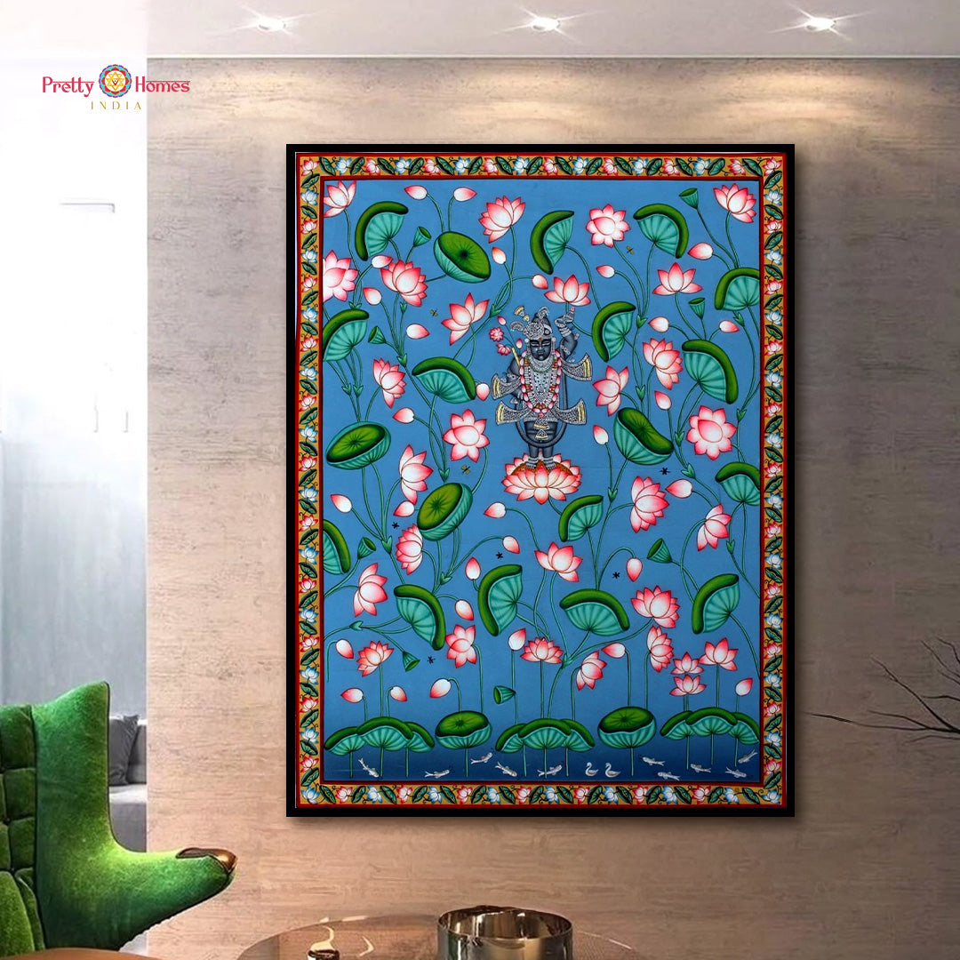 Closeup detailing of Shrinathji blue lotus pond Pichwai painting