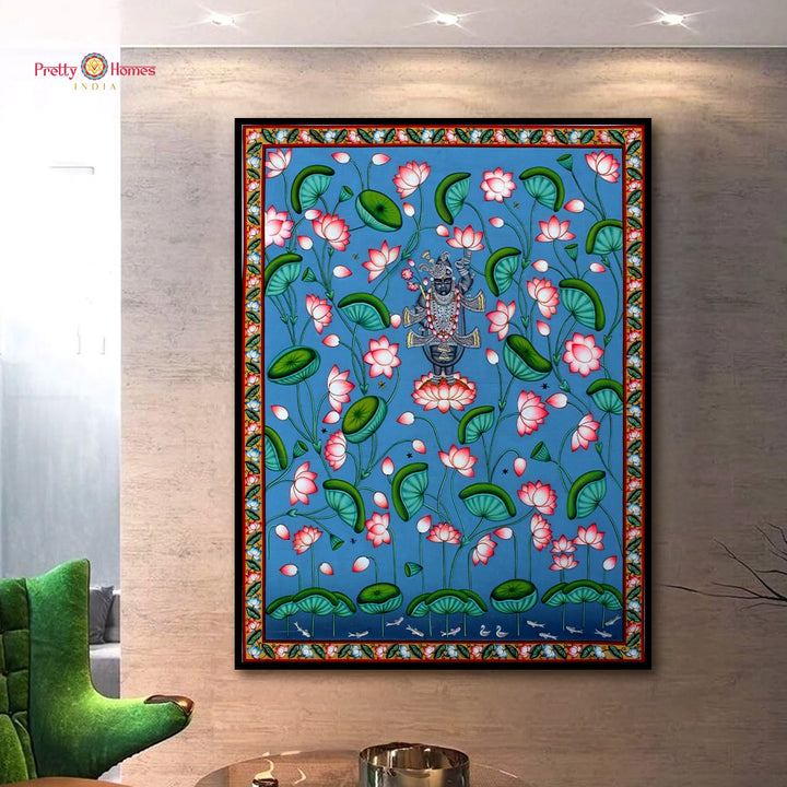 Shrinathji in Blue Lotus Pond – Handpainted Pichwai Art