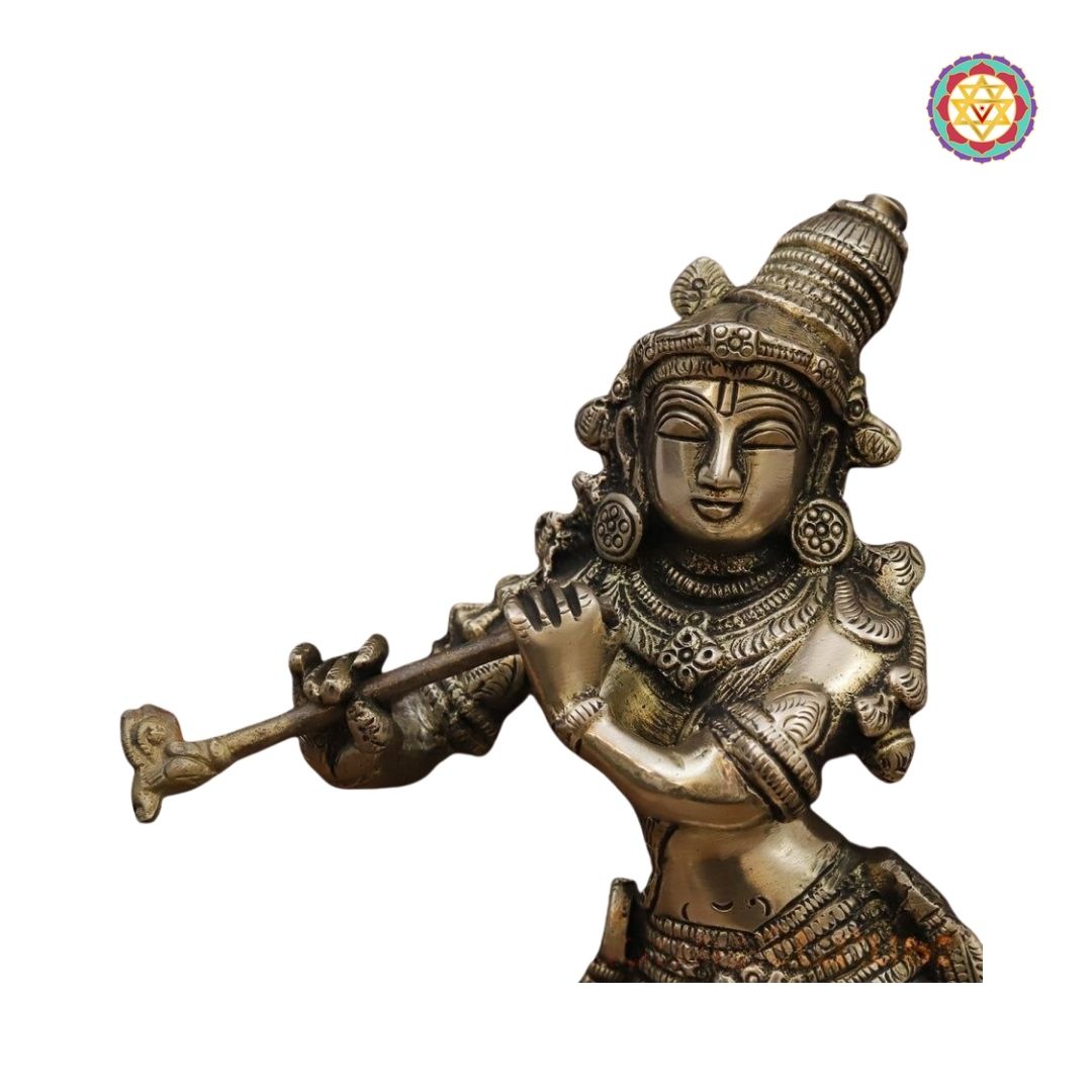 Brass Krishna Idol, Playing Flute Beside Cow, Golden Work, 11”