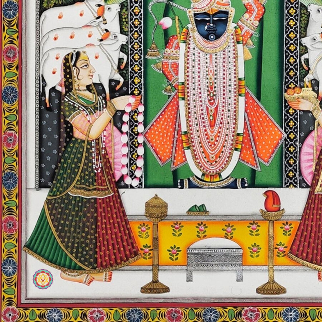 Hand-painted Pichwai pastoral scene featuring Krishna and devotees in lively village setting