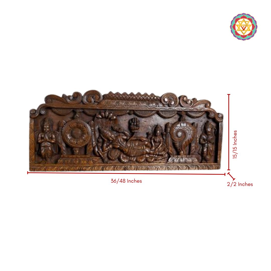 Decorative wooden panel with carvings and measurements on a white background