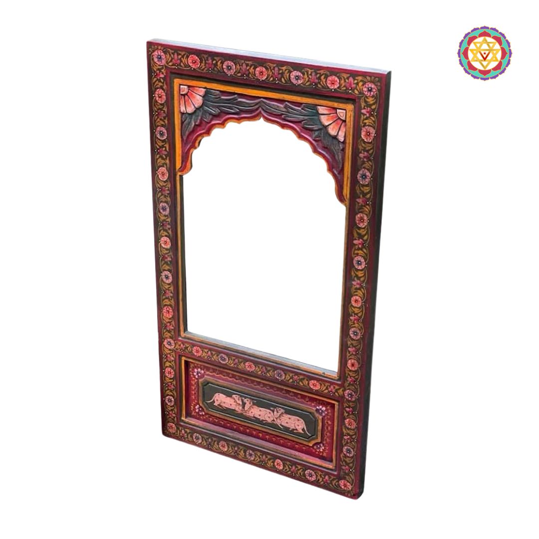 “Side view of the wooden jharokha mehrab mirror frame showcasing intricate traditional hand painted details.”